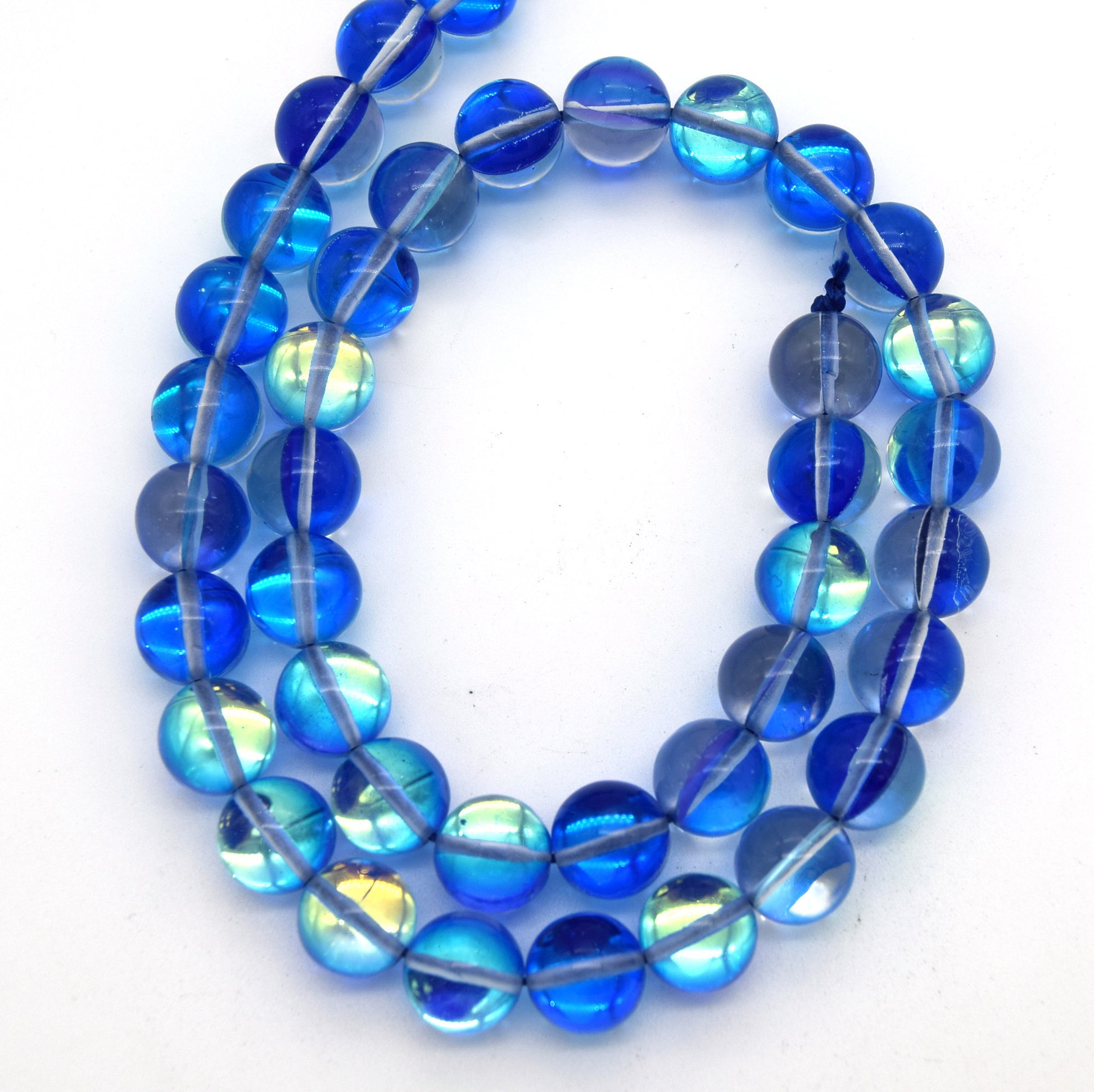 10mm Smooth Clear/Aqua Round/Ball Shaped Glass Moonstone Beads - (Approx. 15&quot; Strand ~39 Beads)