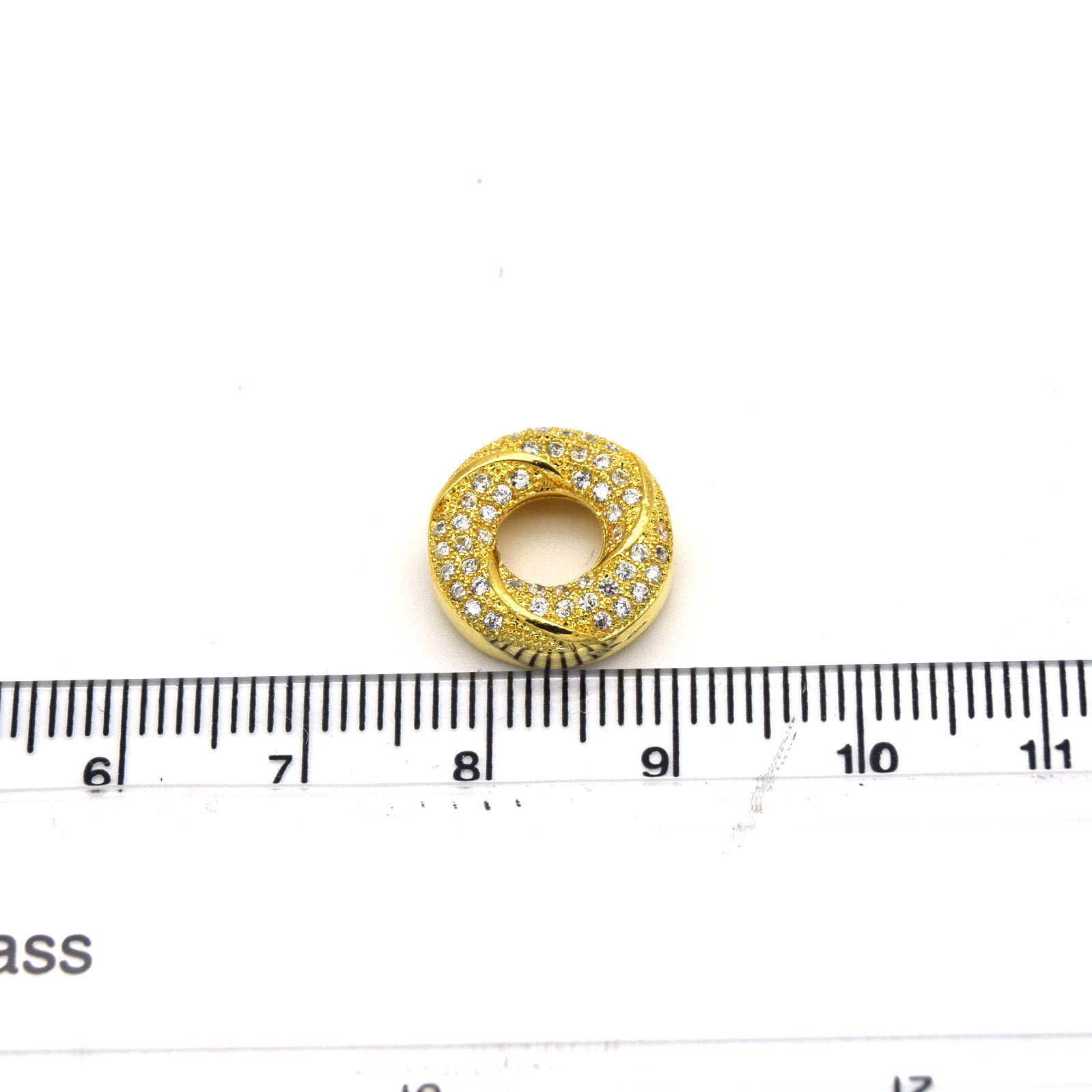 13mm x 13mm Gold Plated Cubic Zirconia Encrusted/Inlaid Swirled Donut/Ring Shaped Bead