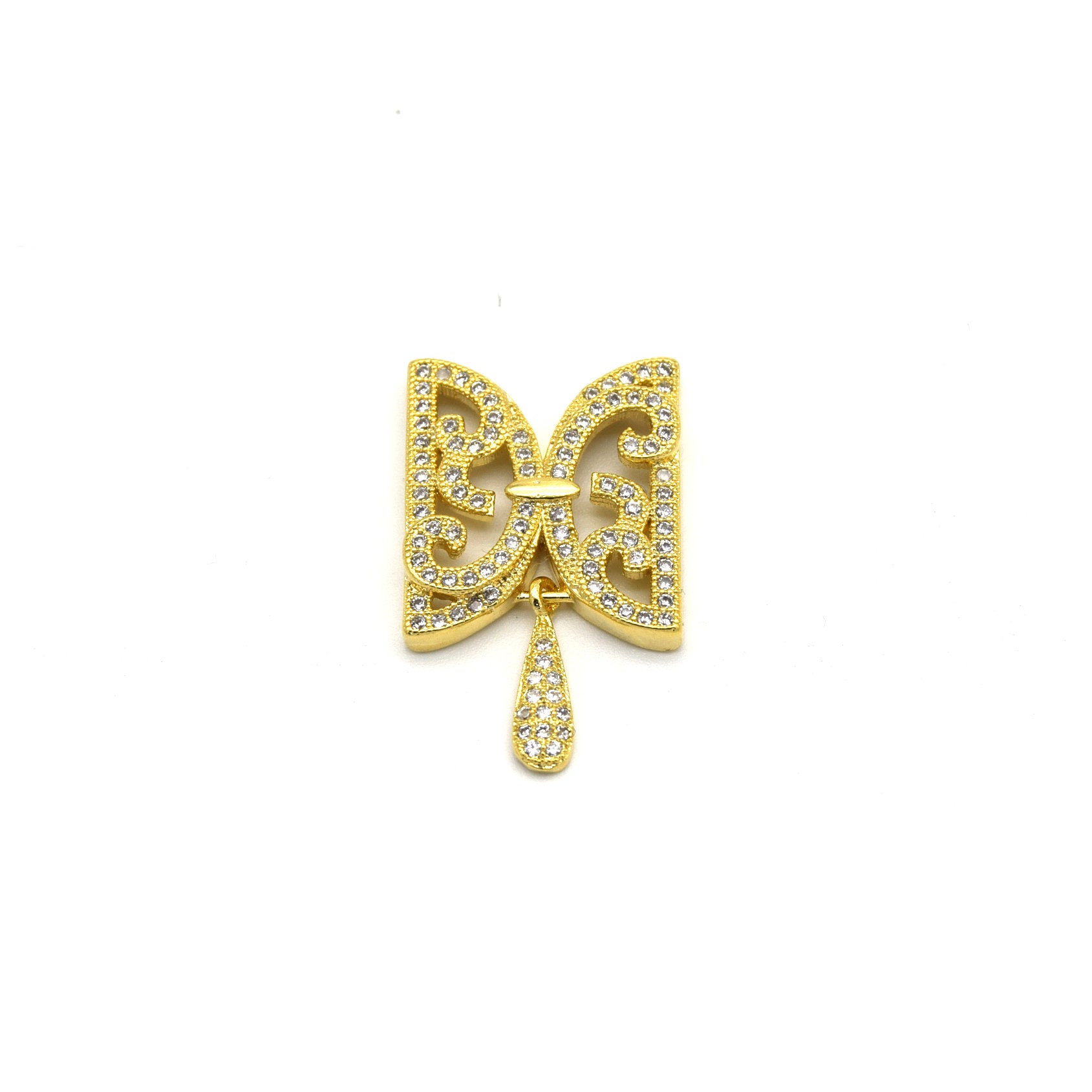 15mm x 25mm Gold Plated Cubic Zirconia Encrusted/Inlaid Ornate Butterflied Shaped Connector with Drop