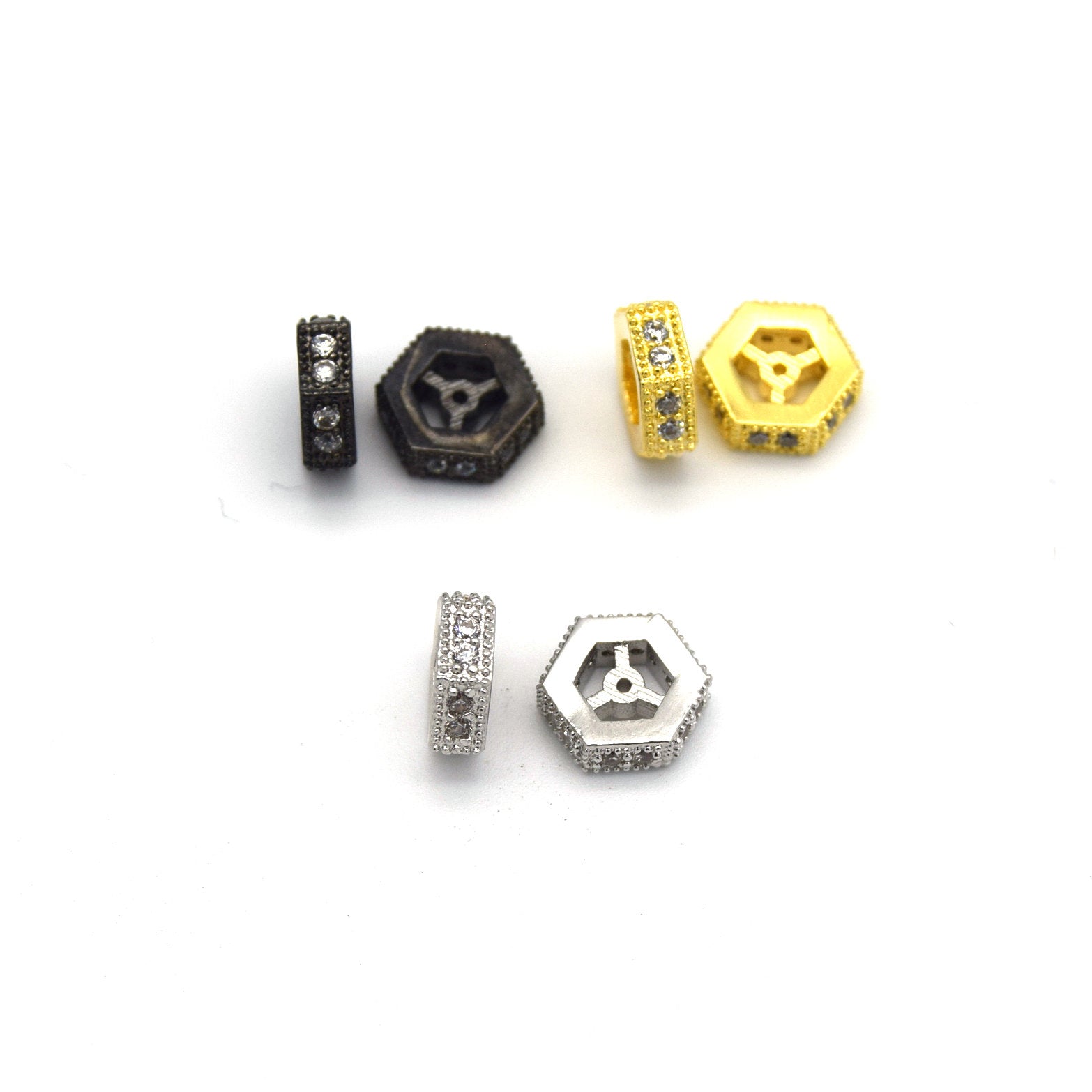 8mm x 8mm Gunmetal Plated Cubic Zirconia Encrusted/Inlaid Eyed Hexagon Shaped Bead