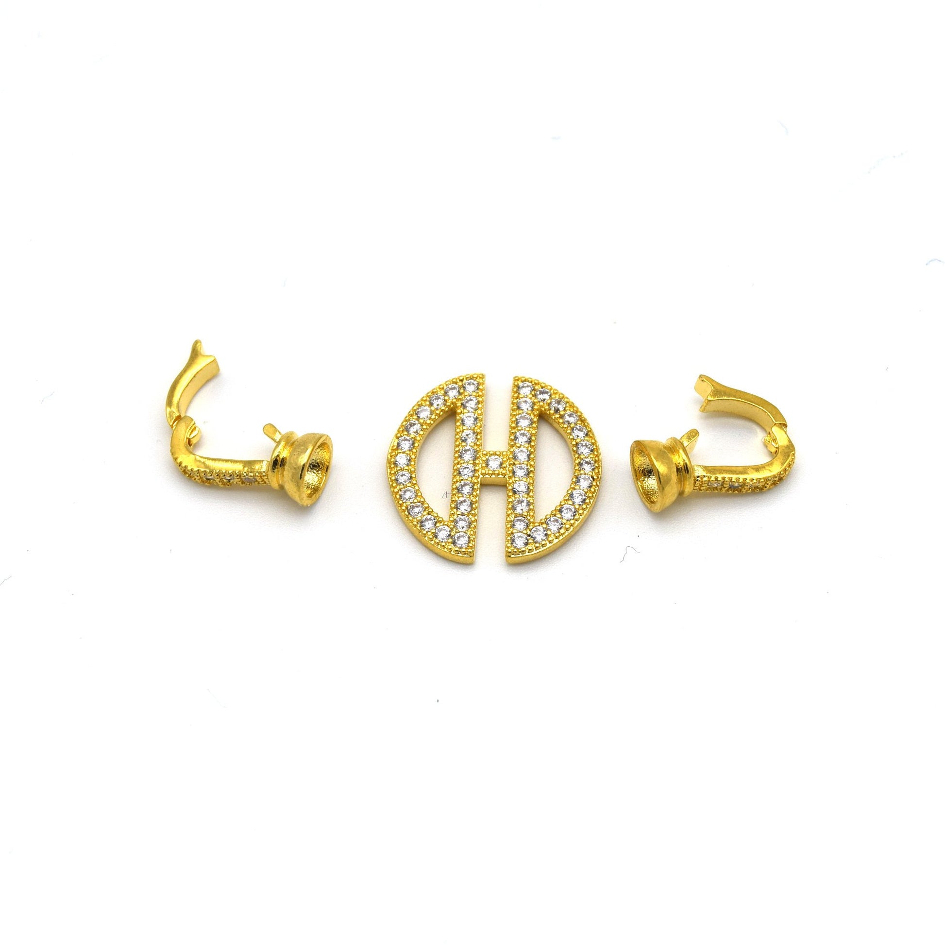 32mm x 15mm Gold Plated Cubic Zirconia Encrusted/Inlaid Coin Shaped Double Clasp Components