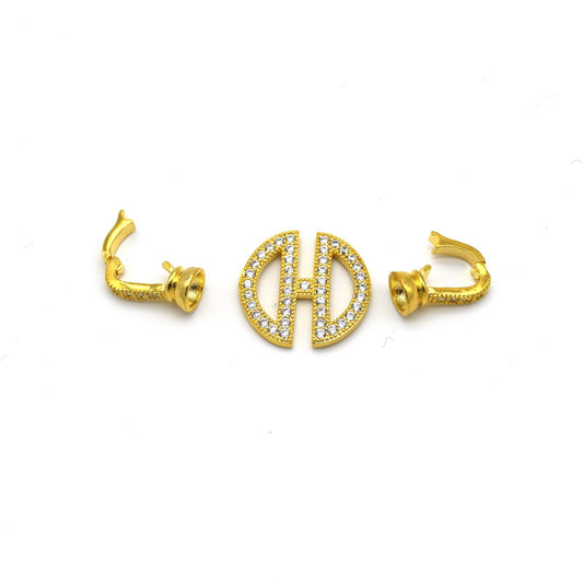 32mm x 15mm Gold Plated Cubic Zirconia Encrusted/Inlaid Coin Shaped Double Clasp Components