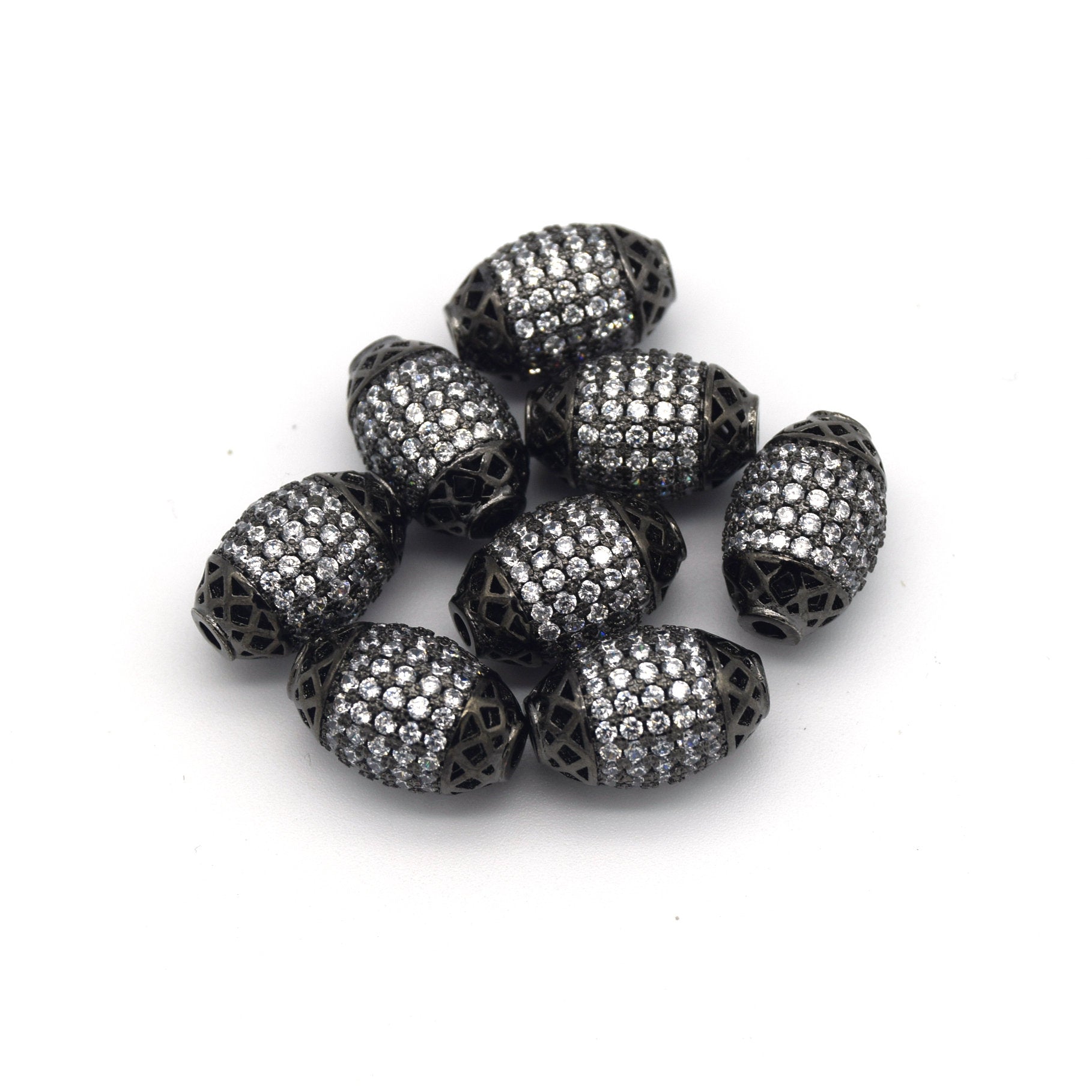 10mm x 15mm Gunmetal Plated White CZ Cubic Zirconia Encrusted/Inlaid Egg Shaped Copper Bead