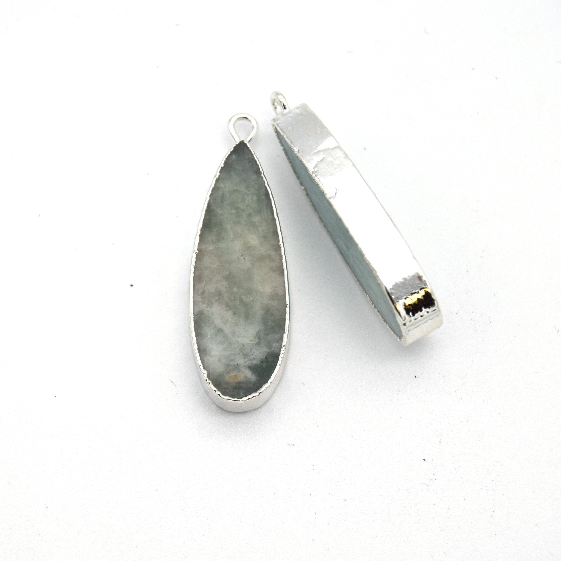 11mm x 30mm Silver Plated Natural Pale Pastel Green Amazonite Long Teardrop Shaped Flat Pendant