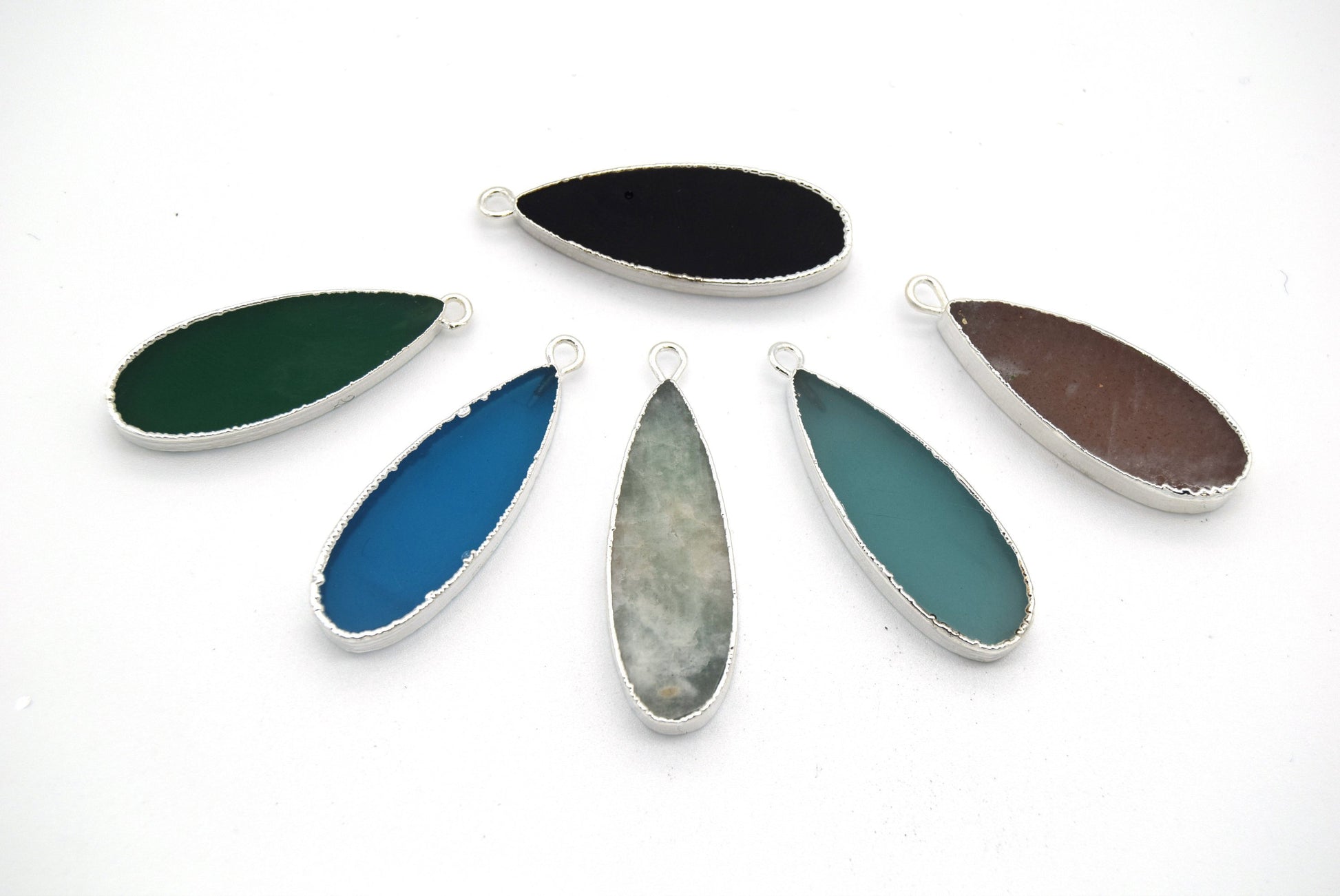 11mm x 30mm Silver Plated Natural Pale Pastel Green Amazonite Long Teardrop Shaped Flat Pendant