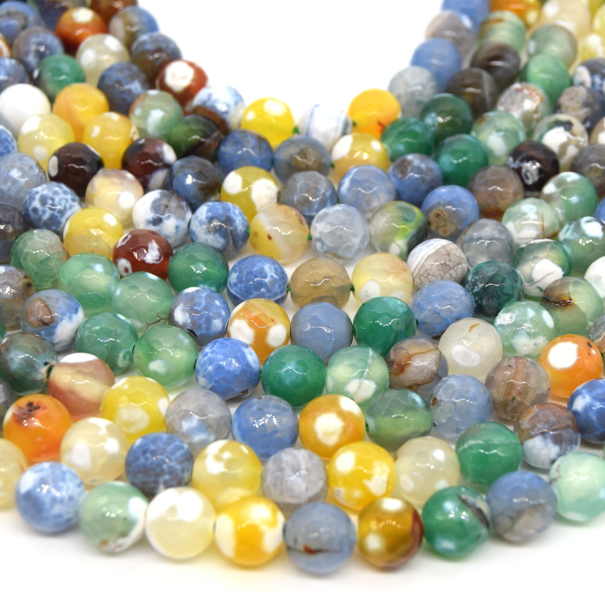 Dyed Agate Beads | 10mm Faceted Smooth Yellow/Green/Gray Spotted Round Gemstone Beads