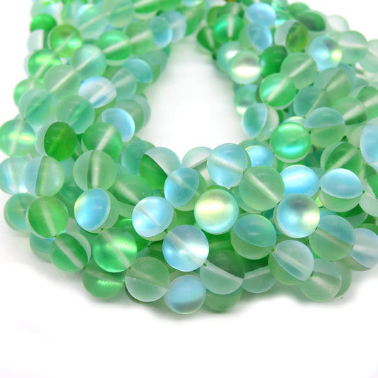 Synthetic Moonstone Beads | Mystic Aura Quartz Beads | Green Matte Holographic Glass Beads - 6mm 8mm 10mm 12mm Available