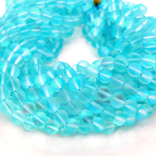 Synthetic Moonstone Beads | Mystic Aura Quartz Beads | Turquoise Matte Holographic Glass Beads - 6mm 8mm 10mm 12mm Available