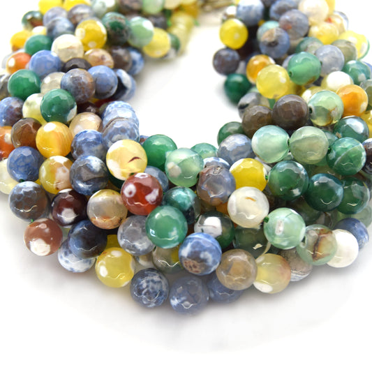 Dyed Agate Beads | 10mm Faceted Smooth Yellow/Green/Gray Spotted Round Gemstone Beads