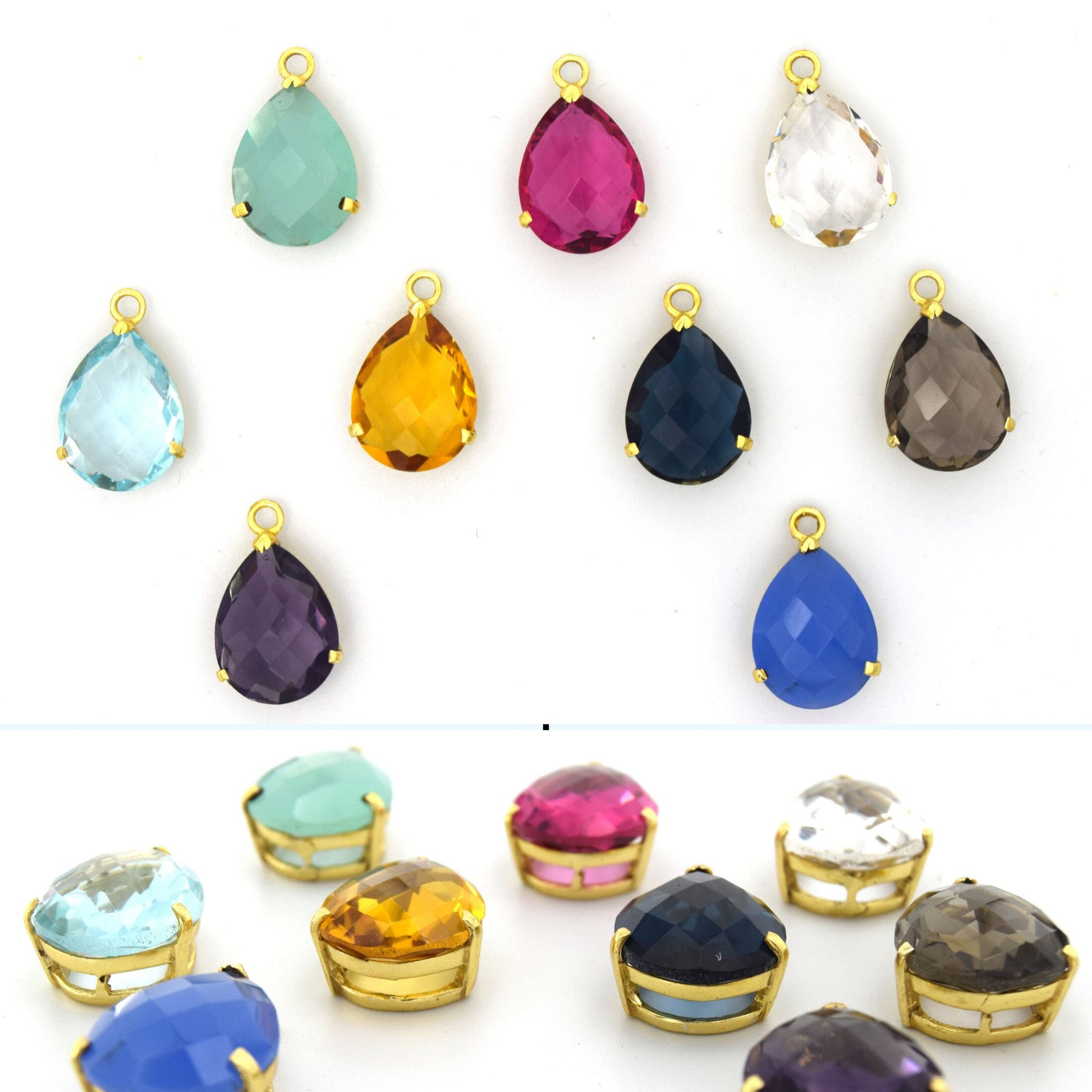 Hydro Quartz Prong Set Teardrop Gold Bezel Pendants - 17mm x 27mm -  Blue, Yellow, Pink, Clear, Gray, Purple, Aqua available