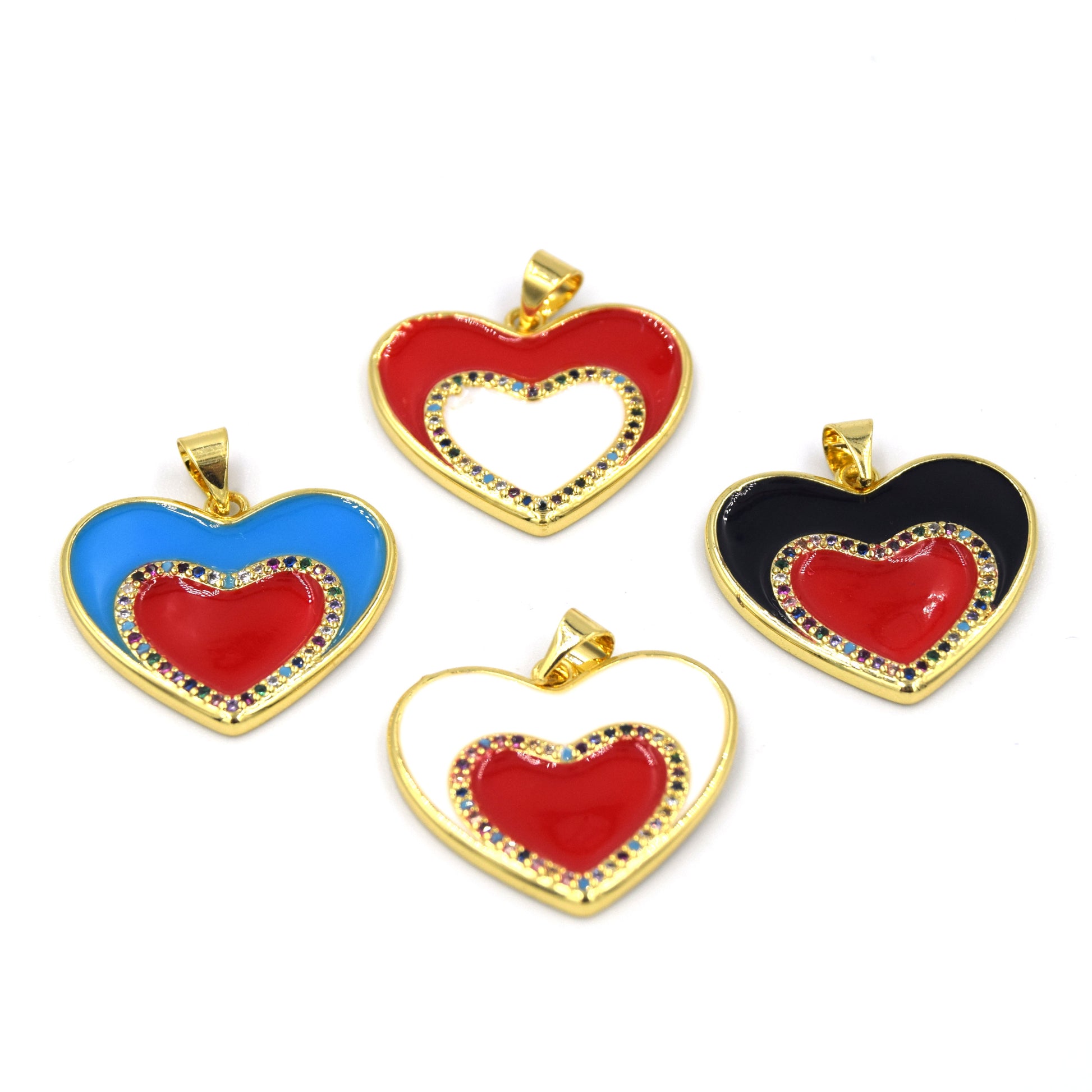 CZ Enamel Brass Pendant | 20mm Heart with Multicolor CZ - White, Black, Red, Blue available