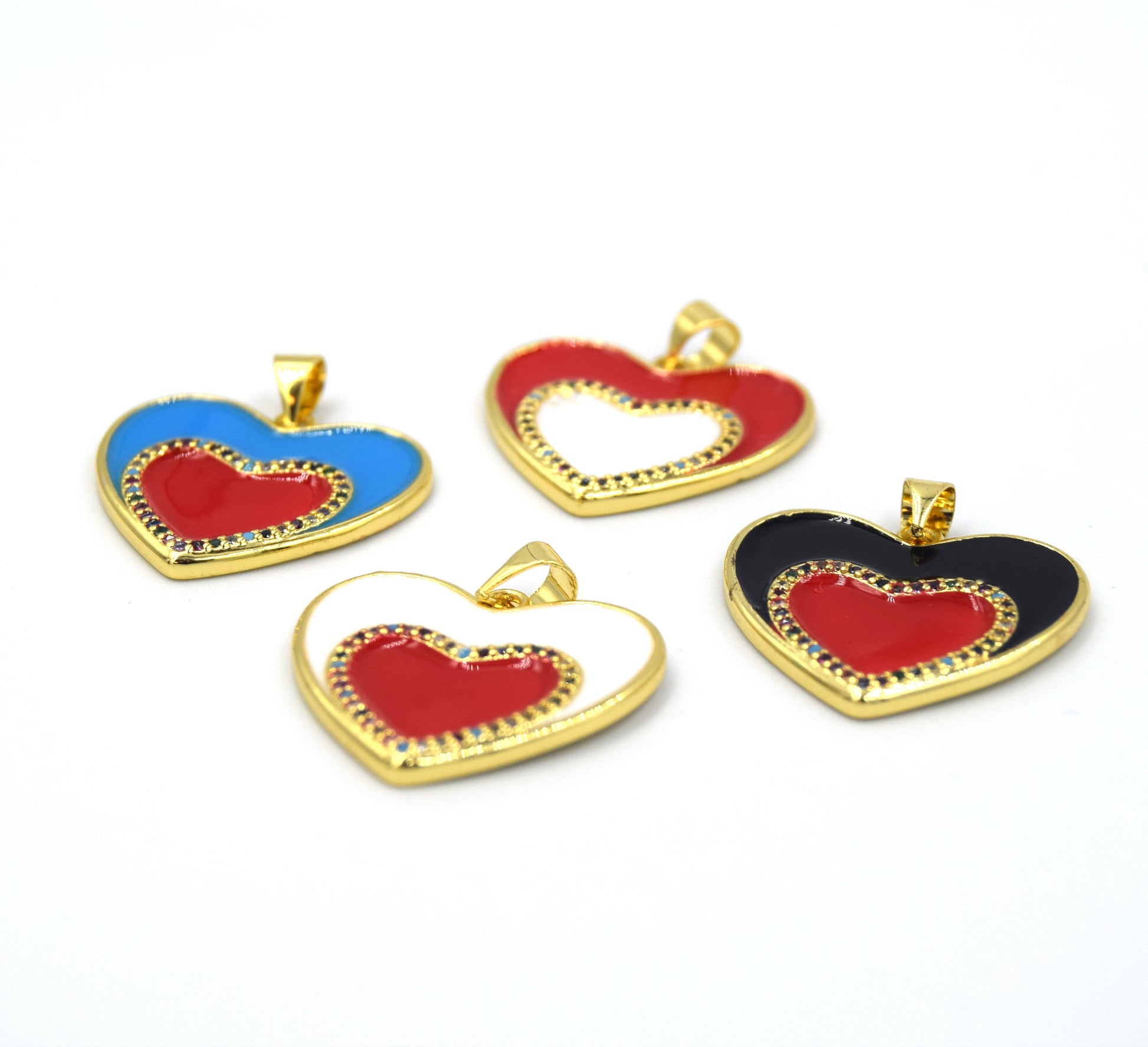 CZ Enamel Brass Pendant | 20mm Heart with Multicolor CZ - White, Black, Red, Blue available