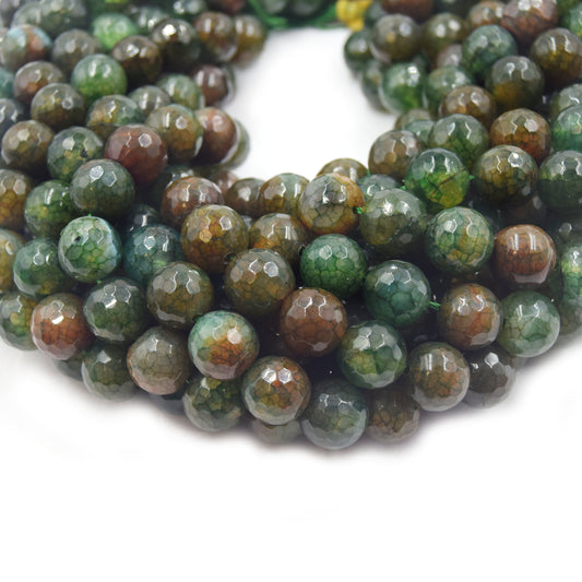 Fire Agate Beads | Dyed Green Brown Mix Faceted Round Gemstone Beads - 12mm 14mm Available