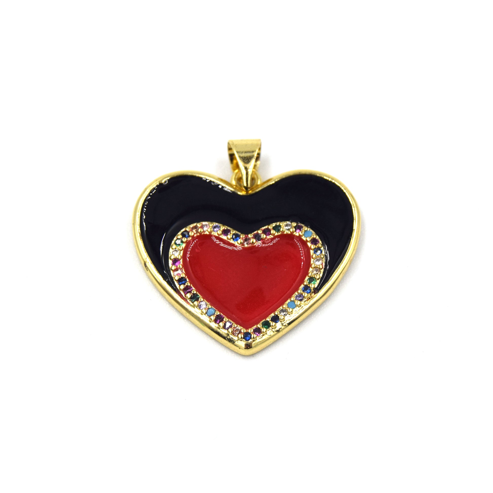 CZ Enamel Brass Pendant | 20mm Heart with Multicolor CZ - White, Black, Red, Blue available