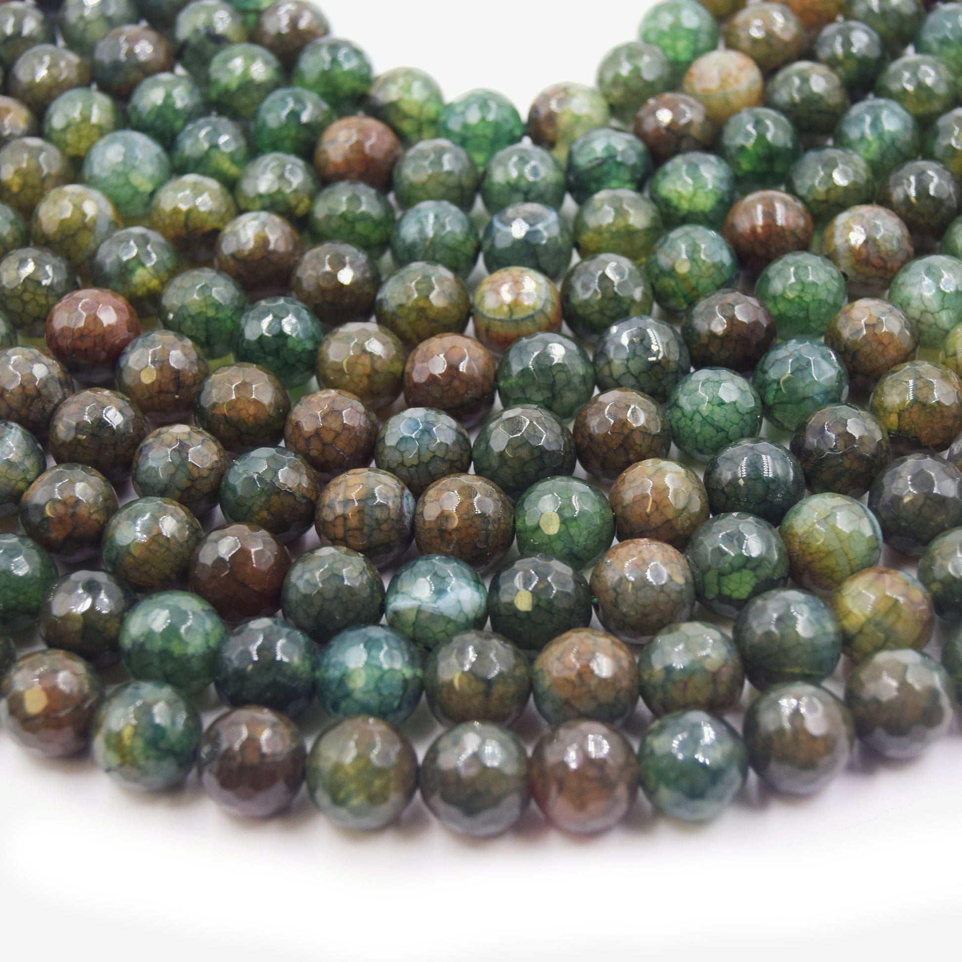 Fire Agate Beads | Dyed Green Brown Mix Faceted Round Gemstone Beads - 12mm 14mm Available