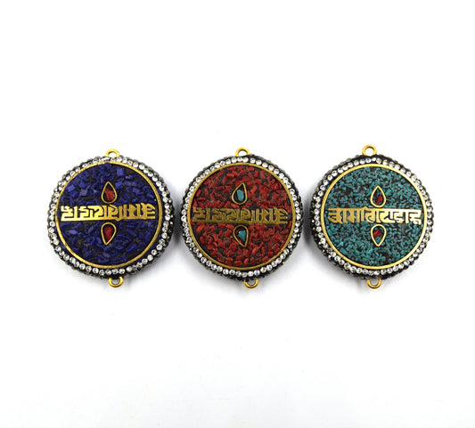 1.5" Tibetan Reversible Design Medallion Coin Shaped Connector Encrusted with Cubic Zirconia - 32mm x 32mm - Sold Individually