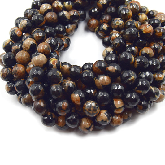 Dyed Agate Beads | 10mm Faceted Brown Black Round Gemstone Beads