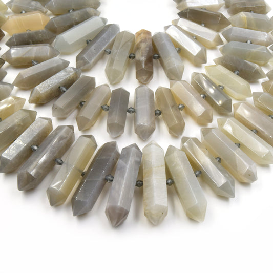 Gray Moonstone Beads | Double Point Center Drilled Gemstone Beads | 25mm - 50mm Graduated Double Point Shaped Beads