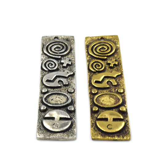 Brass Pendant | 13mm x 68mm Hieroglyphic Tablet Brass Pendants | Antique Gold and Silver