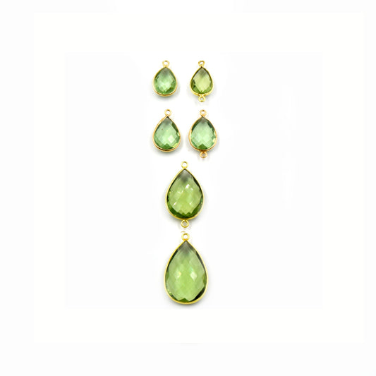 Light Green Quartz Bezel | Gold Finish Faceted Transparent Pear Shaped Pendant Connector Component | Sold Individually