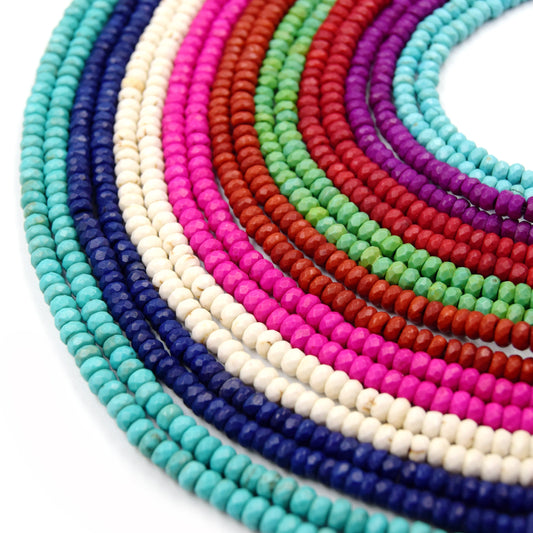 Dyed Howlite Beads | 2mm x 4mm Faceted Rondelle Shaped Beads | Aqua, Turquoise, Cobalt, White, Pink, Red, Green, Orange, Purple Howlite