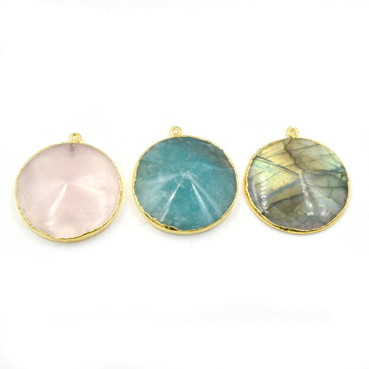 Electroplated Gemstone Pendants | Amazonite, Labradorite, Rose Quartz | 30mm Gold Electroplated Faceted Flat Back Coin Shaped Pendant