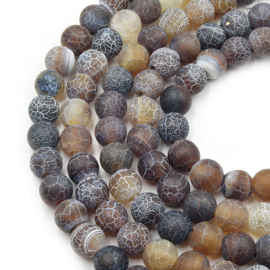 Large Hole Fire Agate Bead | Black/Brown Natural Agate Matte Round/Ball Shaped Beads with 2.5mm Holes - 7.75" Strand