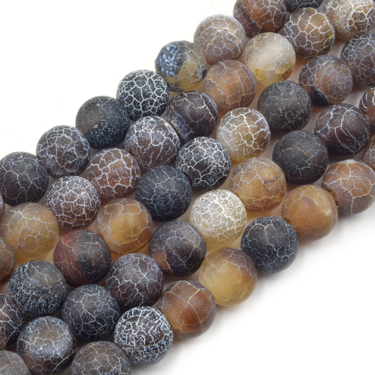 Large Hole Fire Agate Bead | Black/Brown Natural Agate Matte Round/Ball Shaped Beads with 2.5mm Holes - 7.75" Strand