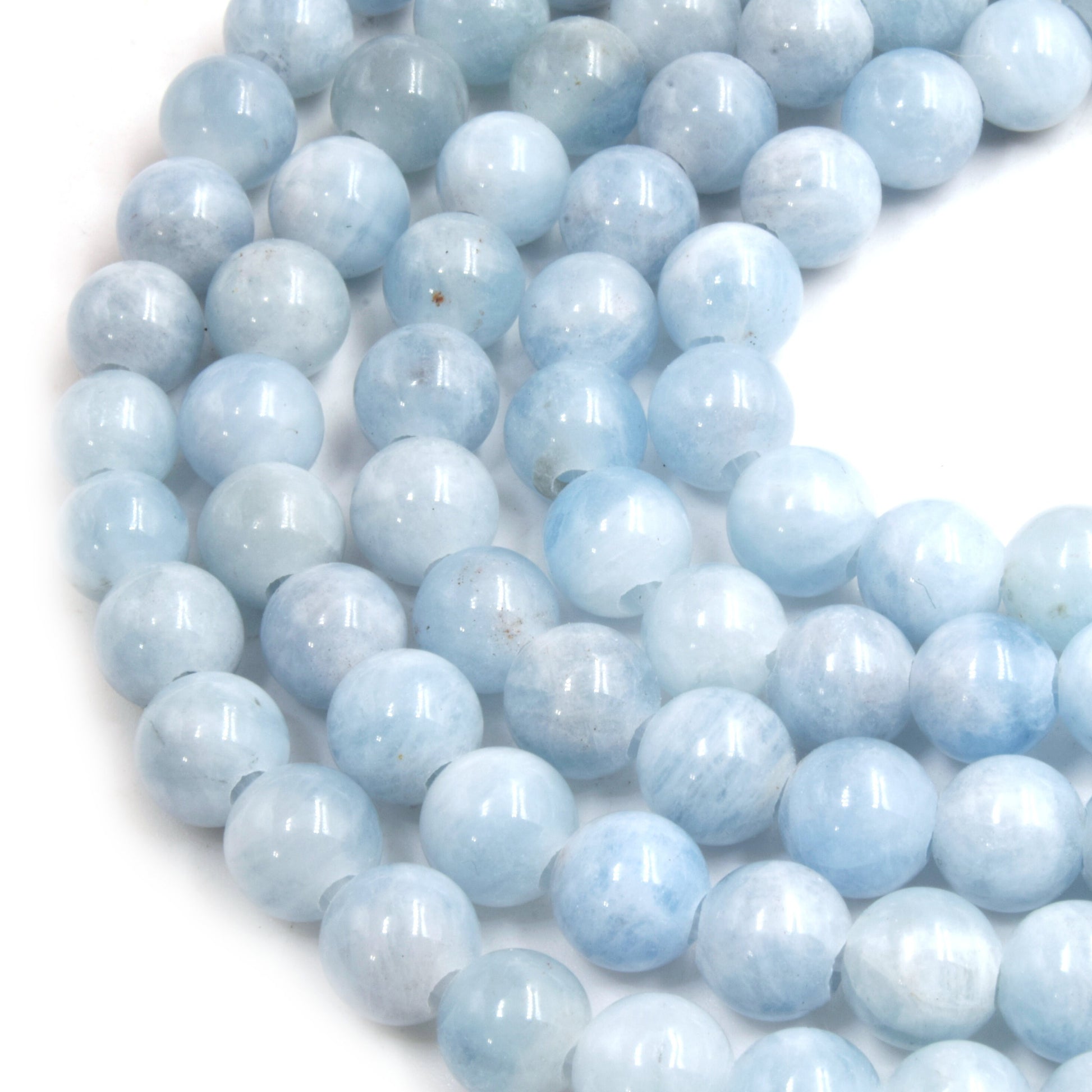 Large Hole Aquamarine Beads |Natural Pale Blue Aquamarine Smooth Finish Round/Ball Shaped Beads with 2.5mm Holes - 7.75" Strand