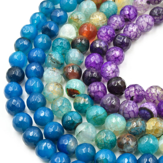 Large Hole Fire Agate Bead | Natural Agate Faceted Round/Ball Shaped Beads with 2.5mm Holes - 7.75" Strand | Blue Teal Purple Available