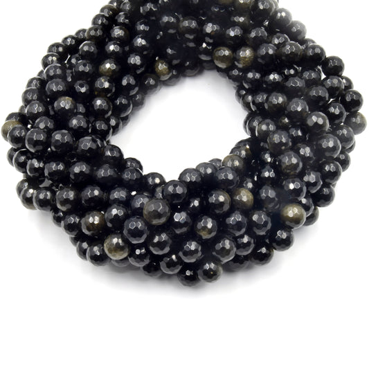 Faceted Golden Obsidian Bead | Gold Sheen Black Round Faceted Finish Gemstone Beads | 4mm 6mm 8mm 10mm 12mm Available