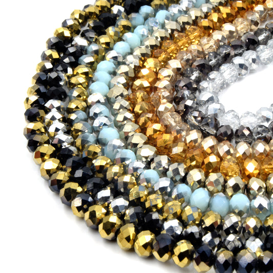 Chinese Crystal Beads | 6mm Faceted Bi-Color Metallic Rondelle Shaped Crystal Beads | Gold, Silver, Black, Blue