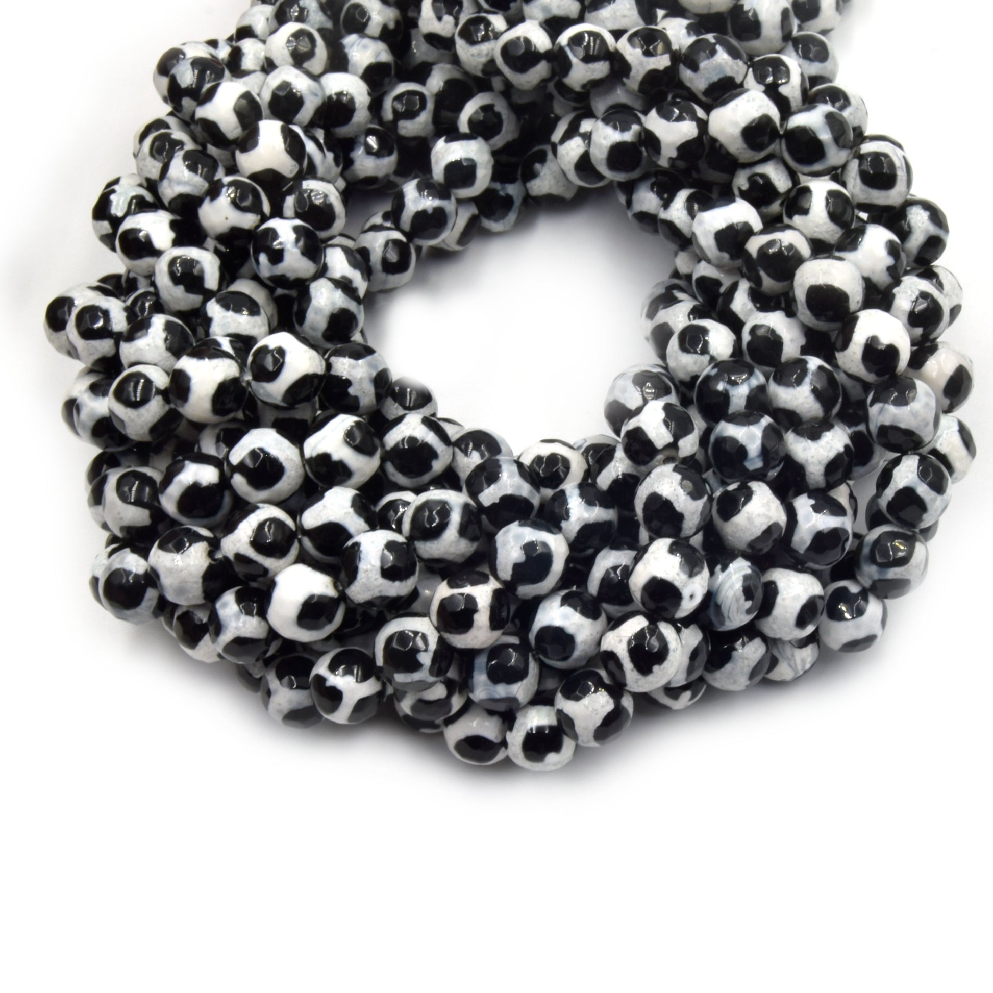 Tibetan Agate Beads | Dzi Beads | Dyed Black Faceted White Spotted Round Gemstone Beads - 6mm 8mm 10mm 12mm Available