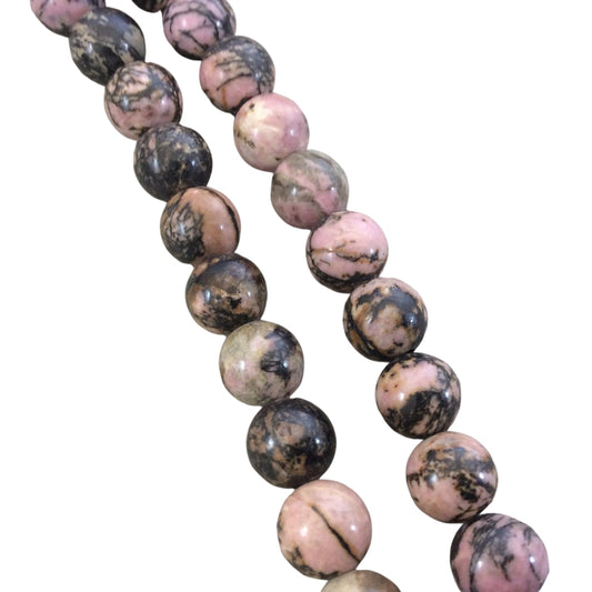 10mm Natural Dendritic Rhodonite Smooth Finish Round/Ball Shaped Beads with 2.5mm Holes - 7.75" Strand (Approx. 20 Beads) - LARGE HOLE BEADS