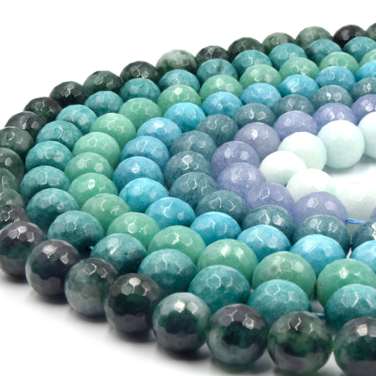 Faceted Jade Beads | 12mm Faceted Dyed Green Gray Blue Jade Round Beads with 1mm Holes - Sold by 15.5&quot; Strands (~ 32 Beads)