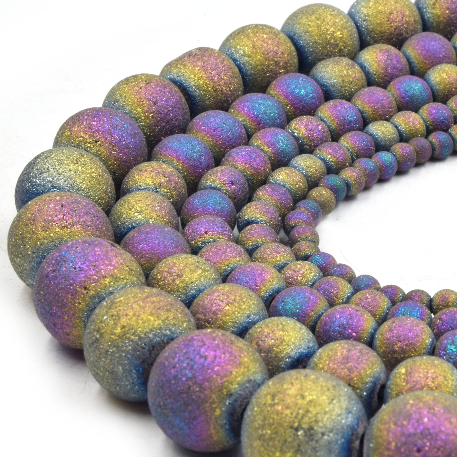 Druzy Glass Beads | Frosted Metallic Round Shaped Glass Beads | Titanium Coated Glass Bead | Gold Silver Purple Rainbow Available