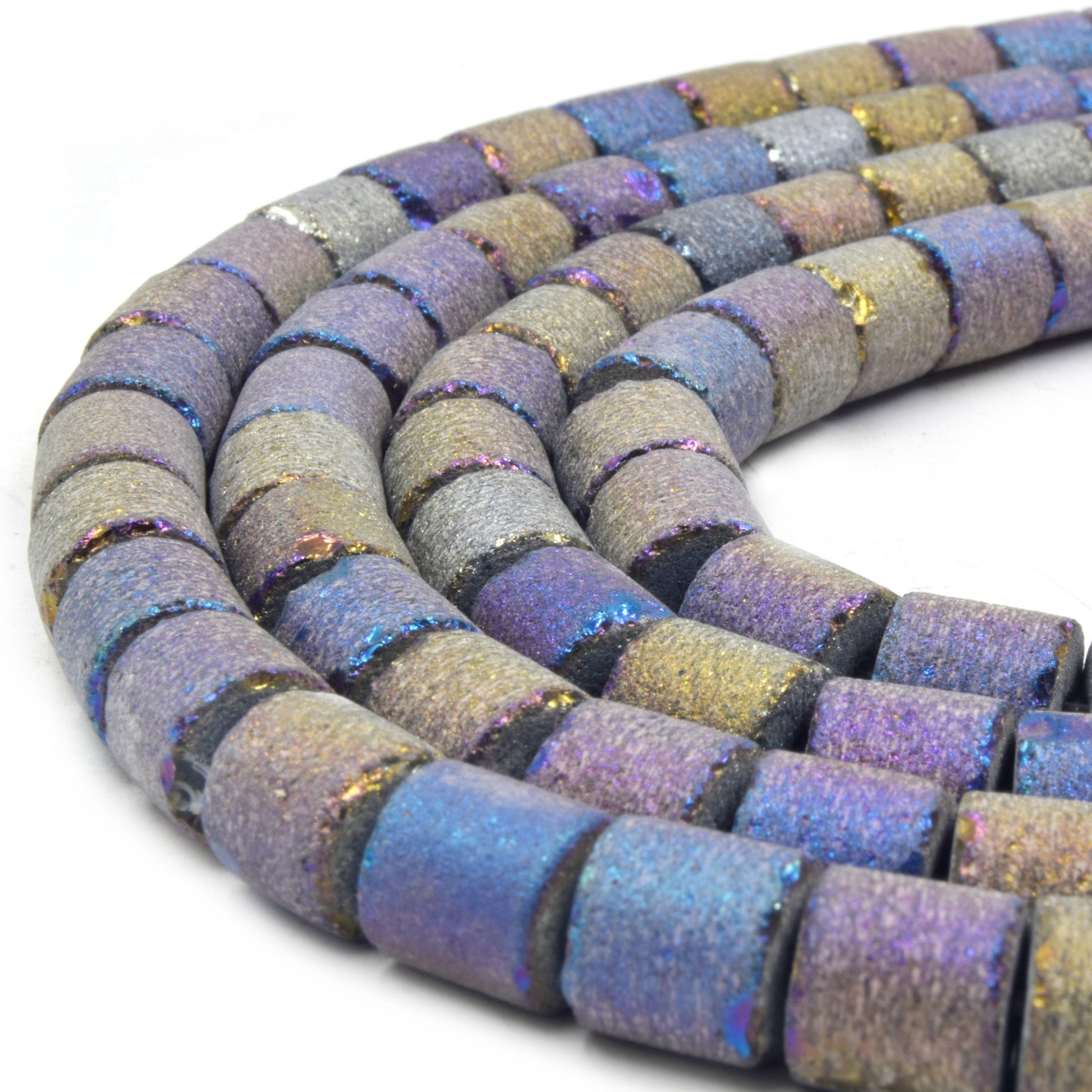 Druzy Glass Beads | Frosted Metallic Tube Shaped Glass Beads | Titanium Coated Glass Bead | Gold Silver Purple Rainbow Available