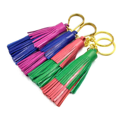 Leather Tassel | 3.25 Inch Tiered Tassel Keychain | Bicolor Leather Tiered Tassel |  Fuchsia, Blue, Red, Green Pendants