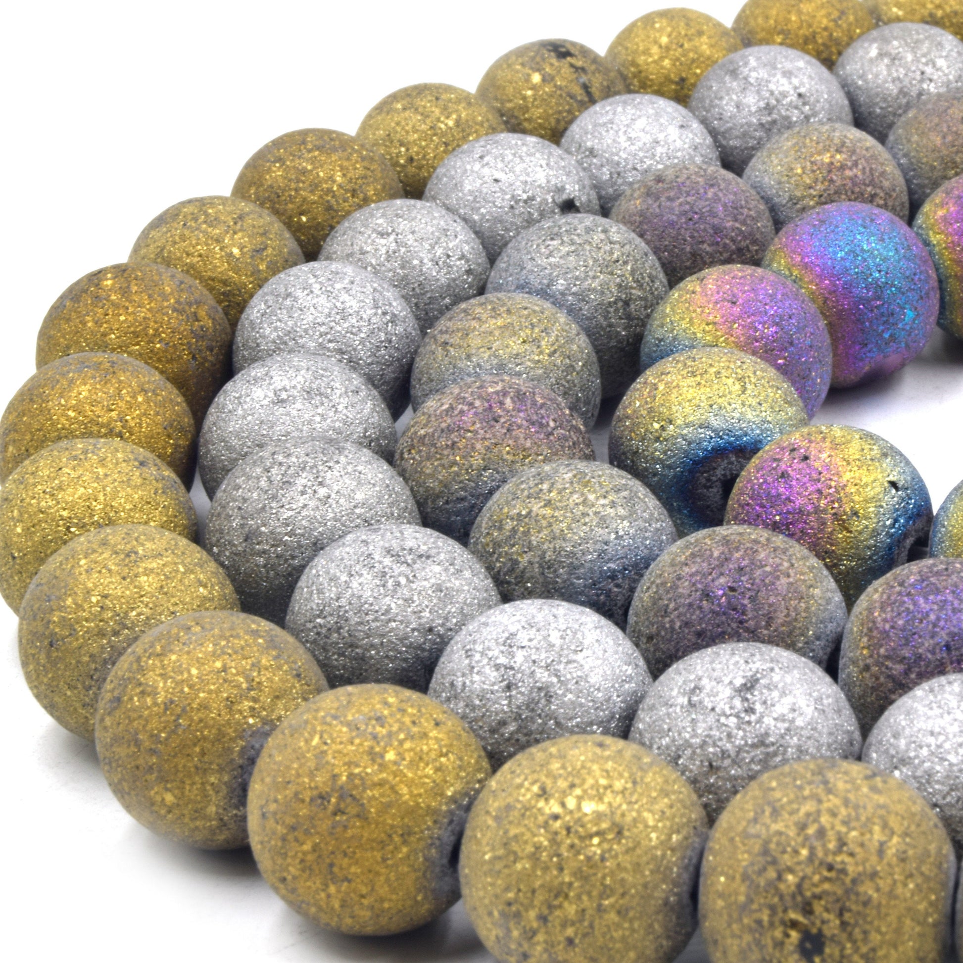 Druzy Glass Beads | Frosted Metallic Round Shaped Glass Beads | Titanium Coated Glass Bead | Gold Silver Purple Rainbow Available