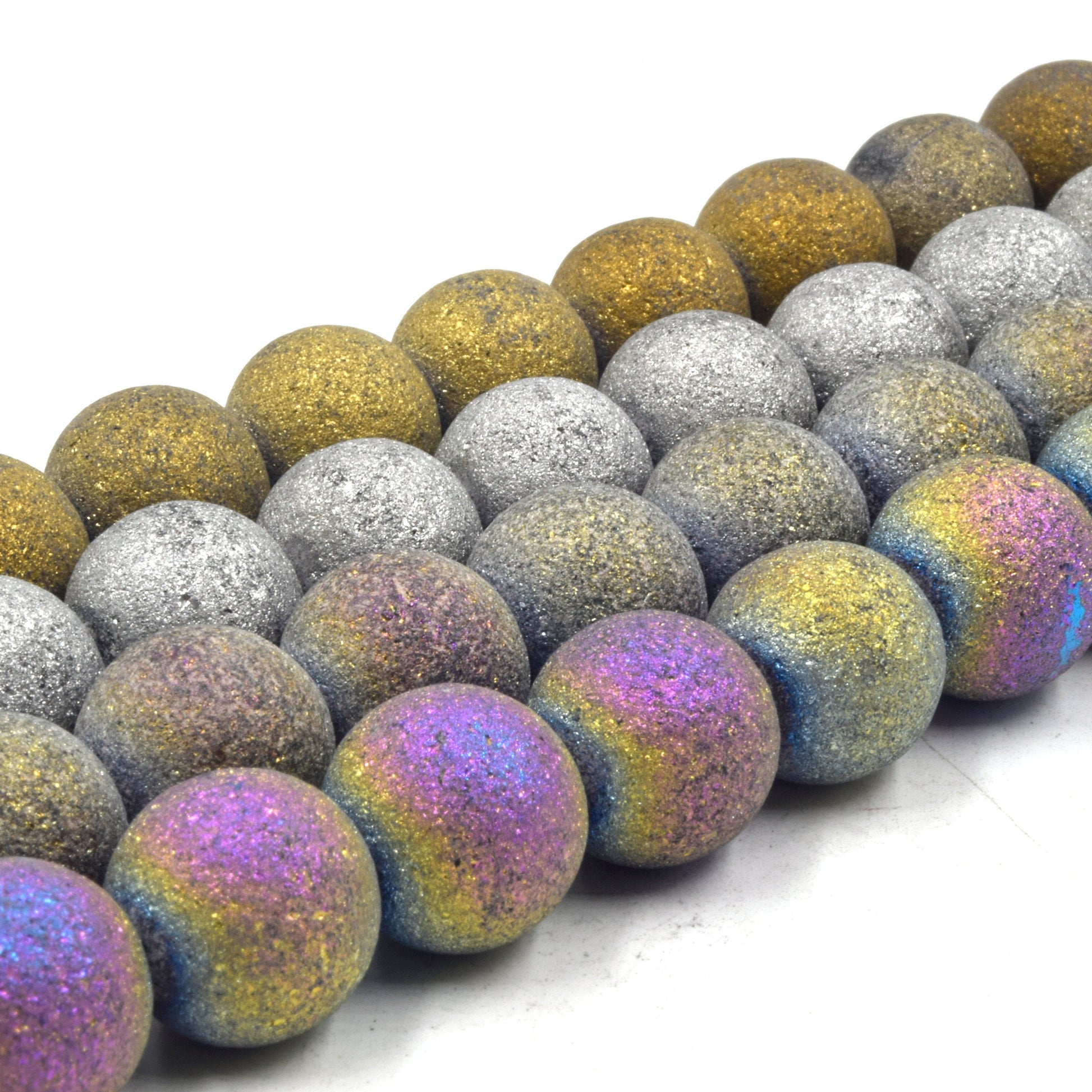 Druzy Glass Beads | Frosted Metallic Round Shaped Glass Beads | Titanium Coated Glass Bead | Gold Silver Purple Rainbow Available