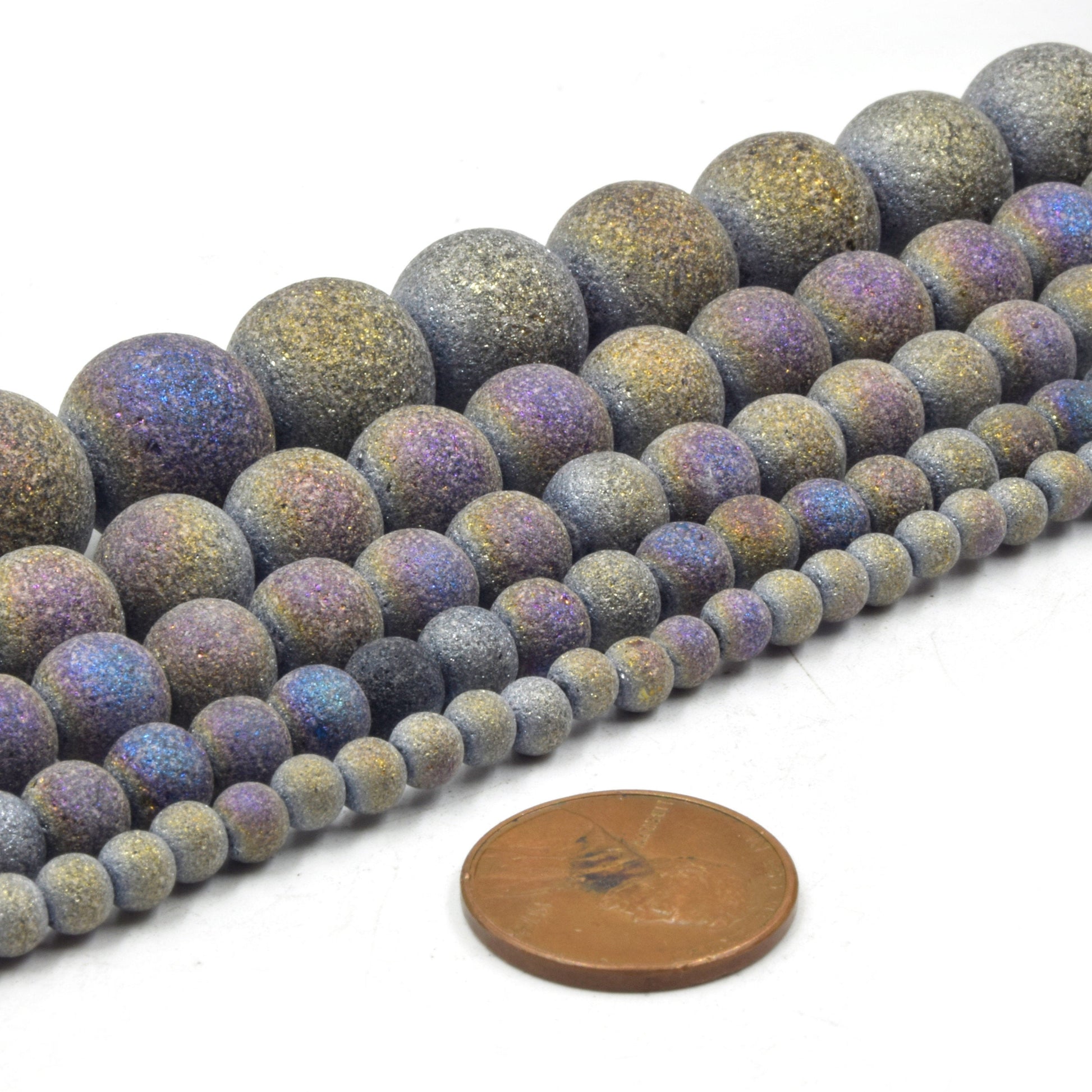 Druzy Glass Beads | Frosted Metallic Round Shaped Glass Beads | Titanium Coated Glass Bead | Gold Silver Purple Rainbow Available