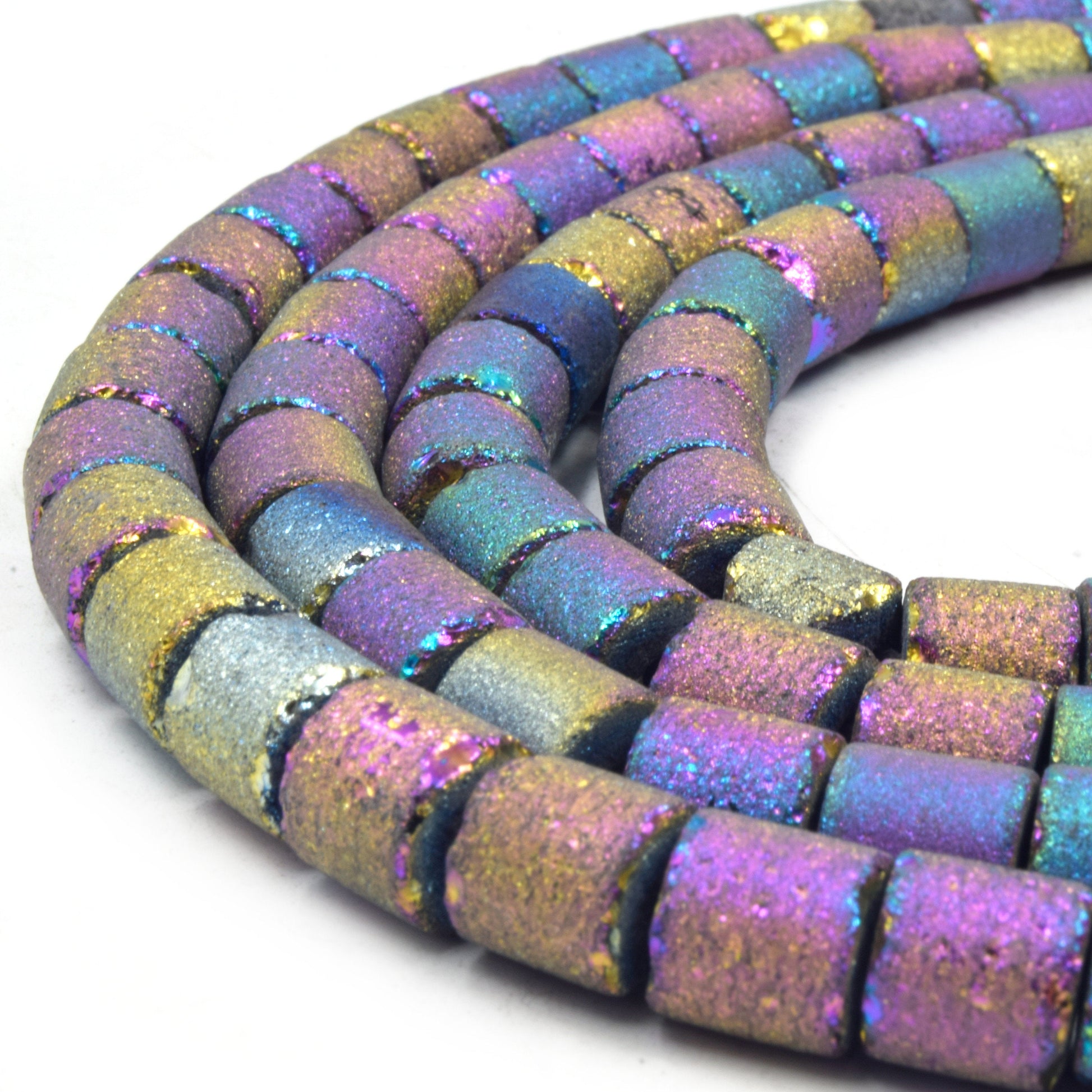 Druzy Glass Beads | Frosted Metallic Tube Shaped Glass Beads | Titanium Coated Glass Bead | Gold Silver Purple Rainbow Available