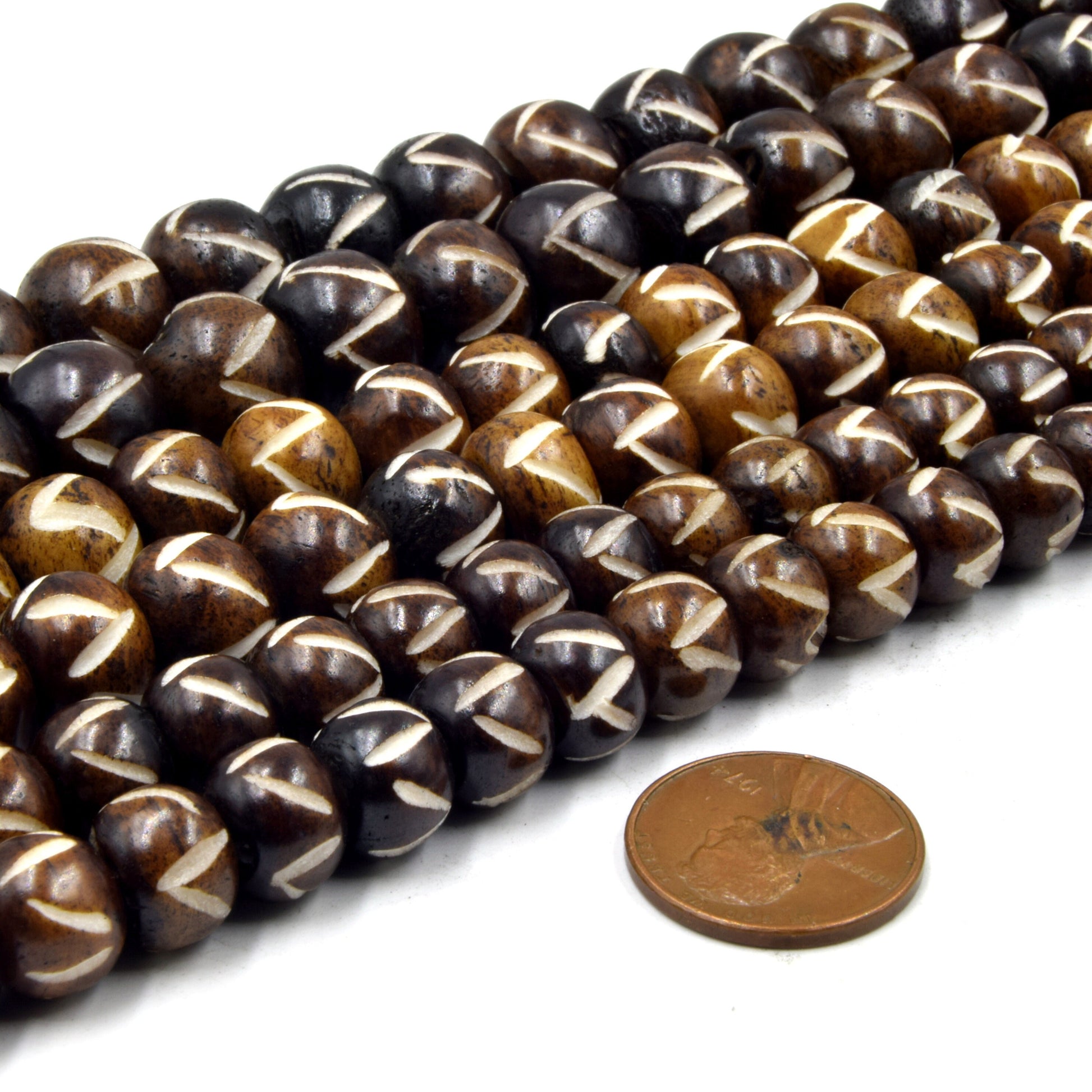 Bone Beads | Carved Ox Bone Rondelle Beads | Mixed Brown Angle Slash Carved Bone Beads