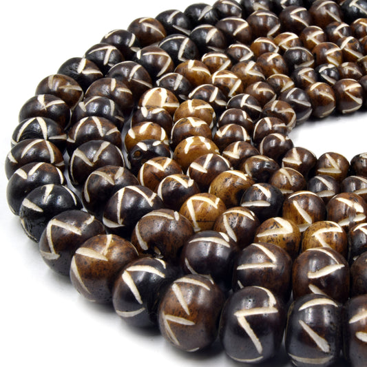 Bone Beads | Carved Ox Bone Rondelle Beads | Mixed Brown Angle Slash Carved Bone Beads