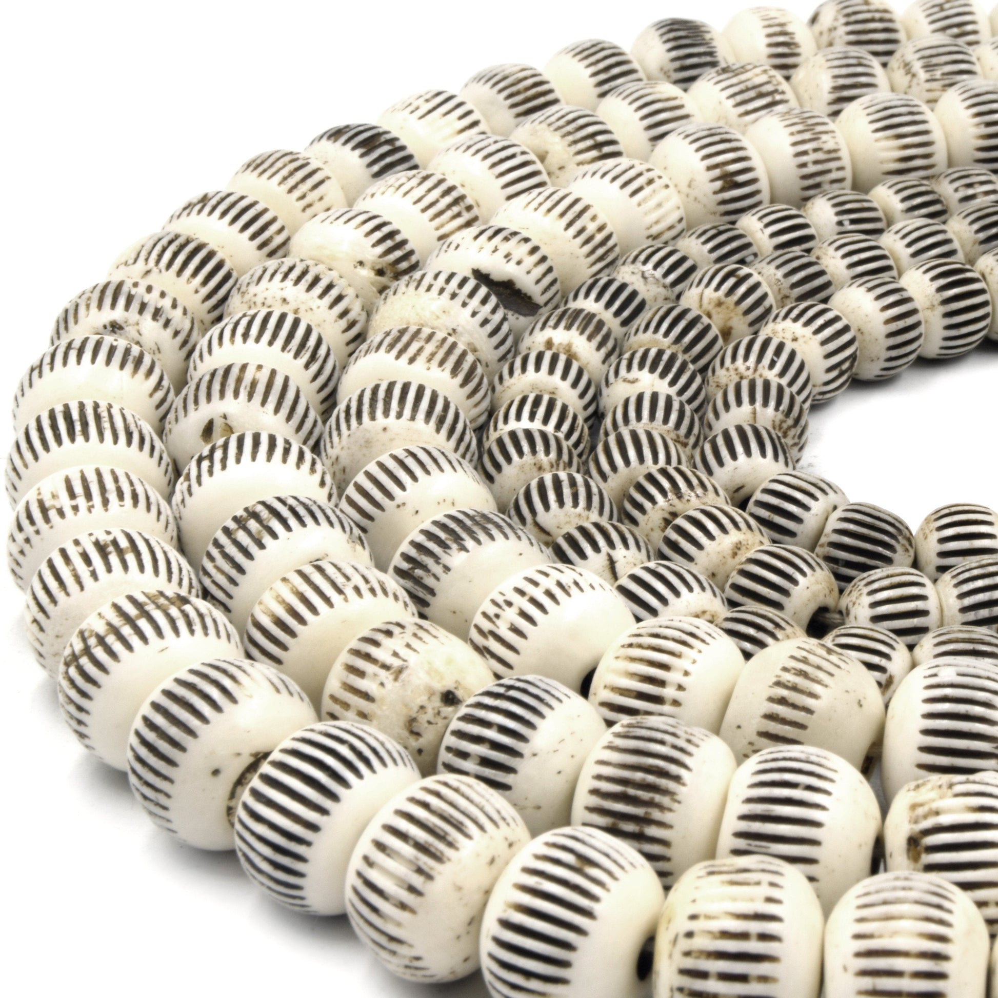 Bone Beads | Carved Ox Bone Rondelle Beads | White Slash Carved Bone Beads |  10mm 12mm 14mm Available