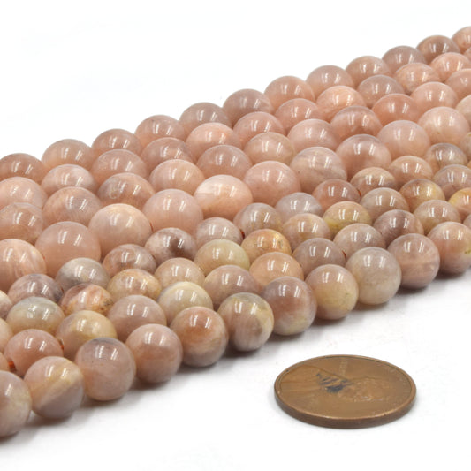 Large Hole Peach Moonstone Beads | Peach Moonstone Smooth Round Shaped Beads with 2mm Holes | 7.5&quot; Strand | 8mm 10mm Available