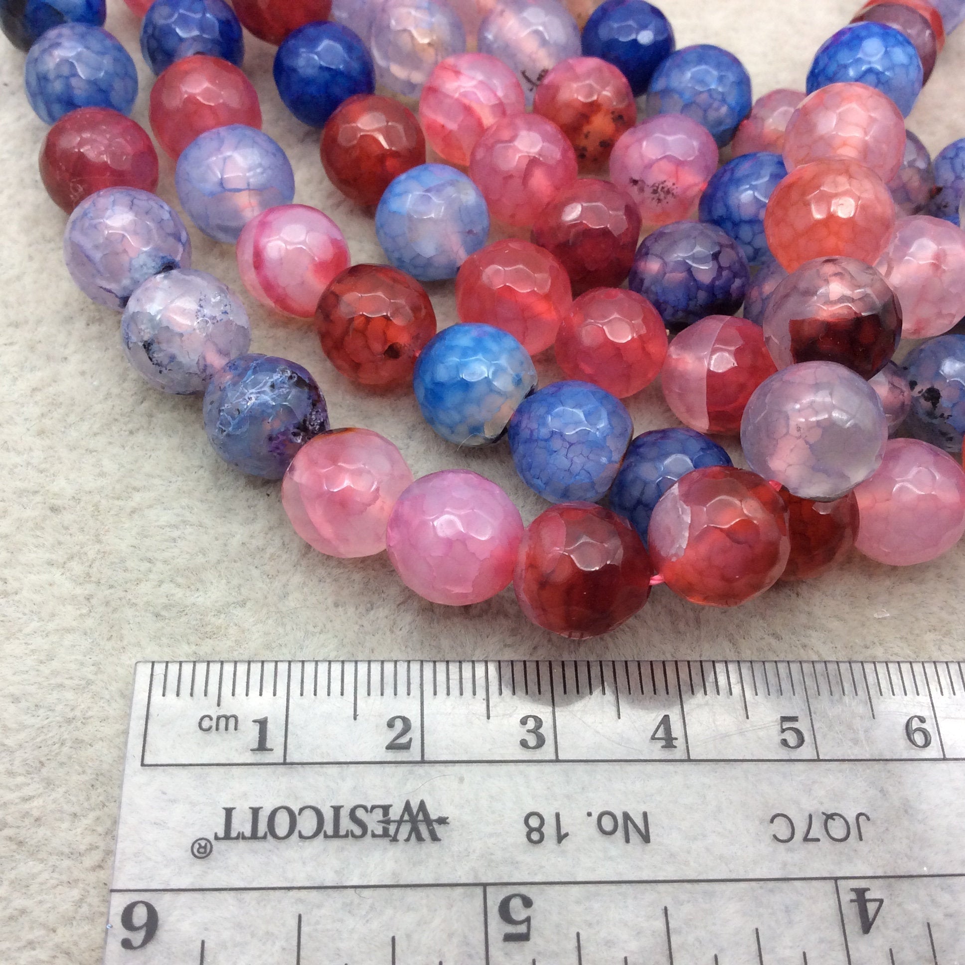 10mm Faceted Mixed Purple/Pink/Blue Agate Round/Ball Shaped Beads - 15&quot; Strand (Approximately 38 Beads) - Natural Semi-Precious Gemstone