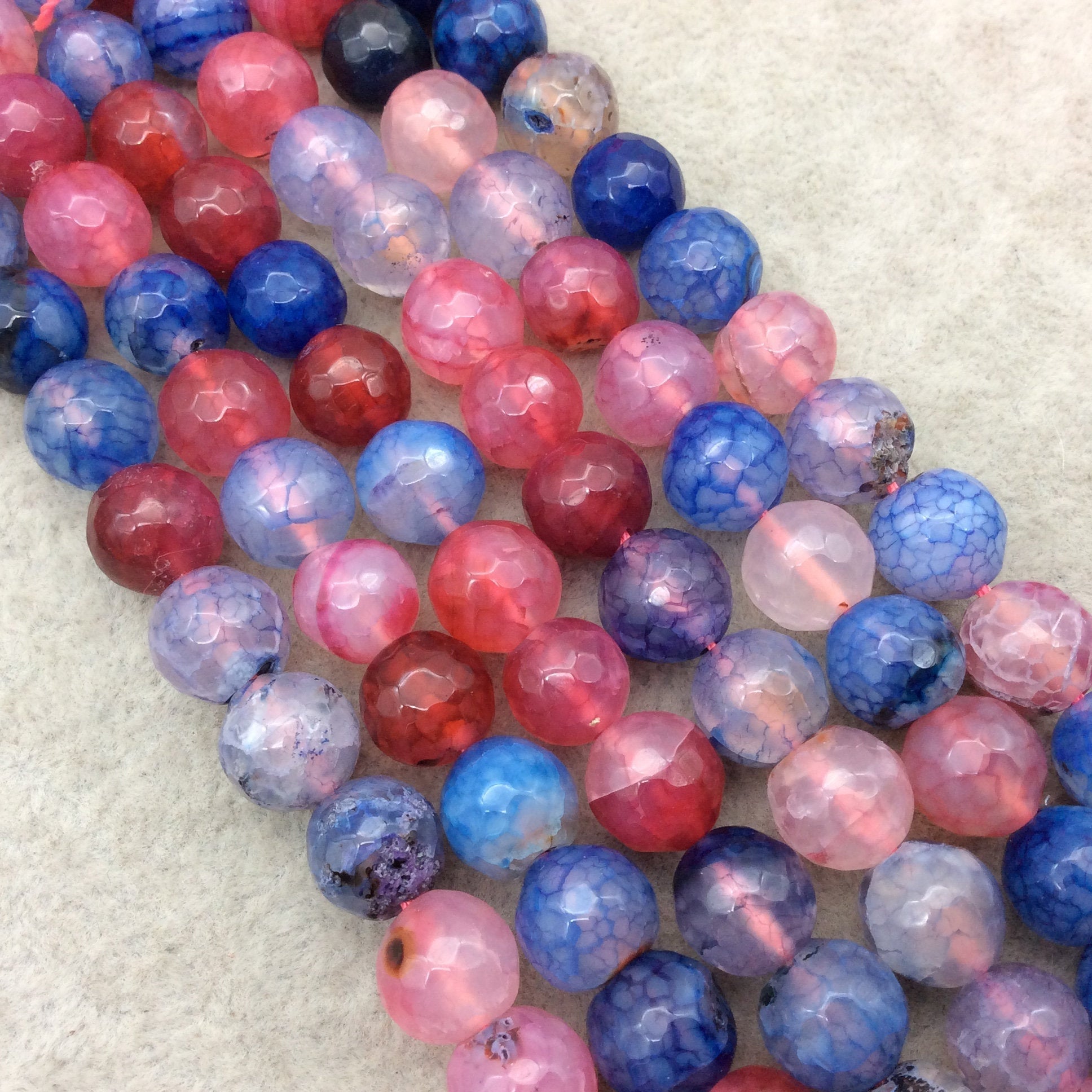 10mm Faceted Mixed Purple/Pink/Blue Agate Round/Ball Shaped Beads - 15&quot; Strand (Approximately 38 Beads) - Natural Semi-Precious Gemstone