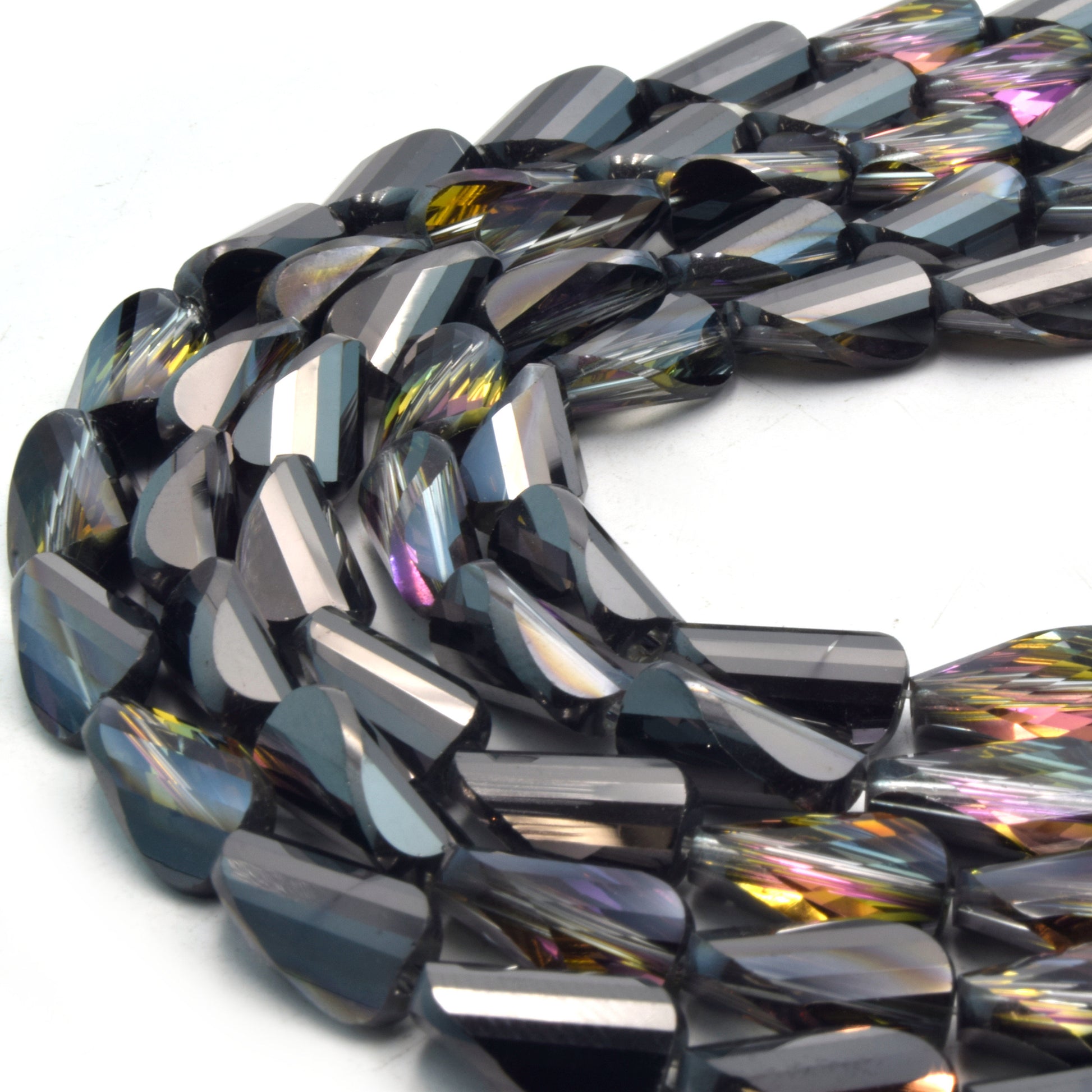 Chinese Crystal Beads | Mystic Coated MultiColor Twisted Teardrop Beads | AB Coated Metallic Chinese Crystal Teardrop | Loose Beads