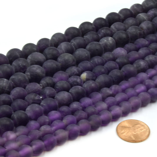 Large Hole Amethyst Beads | Amethyst Matte Round Shaped Beads with 2mm Holes | 7.5&quot; Strand | 8mm 10mm 12mm Available